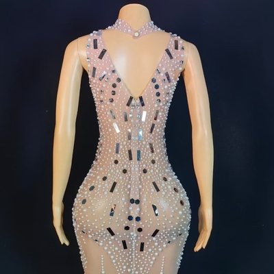 AD2450 Popular Fashion Dress Luxurious Crystal Women's Pearl Dress with Sheer Mesh and Sexy Clubwear Transparent Design