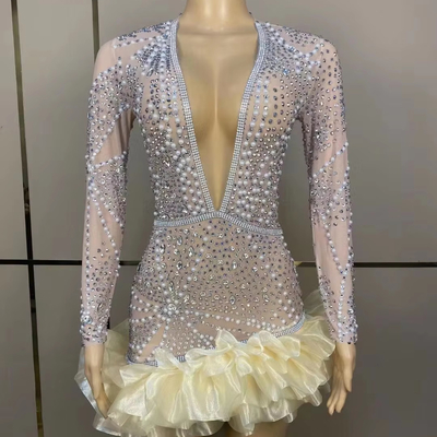 Manufactured AD1838 Deep V-neck Long Sleeve Performance Delicate Pearl 3D Floral Mini Skirt for Snowmobile Application