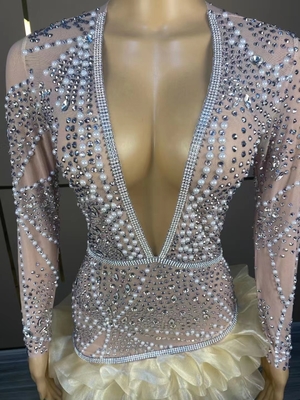 Manufactured AD1838 Deep V-neck Long Sleeve Performance Delicate Pearl 3D Floral Mini Skirt for Snowmobile Application