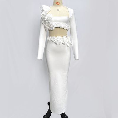 Kimshein Square Neck White Long Sleeve Short Skirt Set Fashionable and Sexy Two-piece Set with Beautiful Flowers