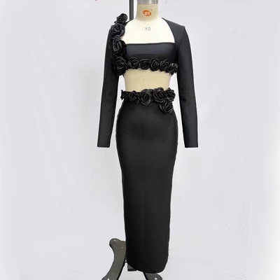 Kimshein Square Neck White Long Sleeve Short Skirt Set Fashionable and Sexy Two-piece Set with Beautiful Flowers