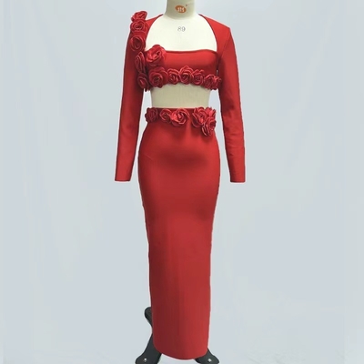 Kimshein Square Neck White Long Sleeve Short Skirt Set Fashionable and Sexy Two-piece Set with Beautiful Flowers