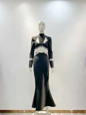Eco-Friendly SR2292 Spring Black Dance Bandage Dress Set Hollow Sexy Tight Fashion Party Two-Piece for Women