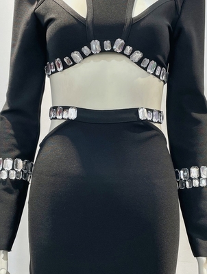 Eco-Friendly SR2292 Spring Black Dance Bandage Dress Set Hollow Sexy Tight Fashion Party Two-Piece for Women