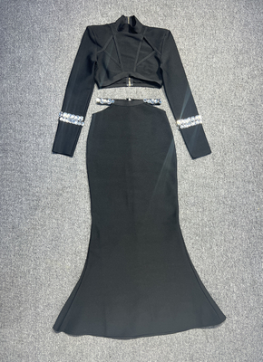 Eco-Friendly SR2292 Spring Black Dance Bandage Dress Set Hollow Sexy Tight Fashion Party Two-Piece for Women