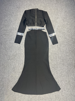 Eco-Friendly SR2292 Spring Black Dance Bandage Dress Set Hollow Sexy Tight Fashion Party Two-Piece for Women