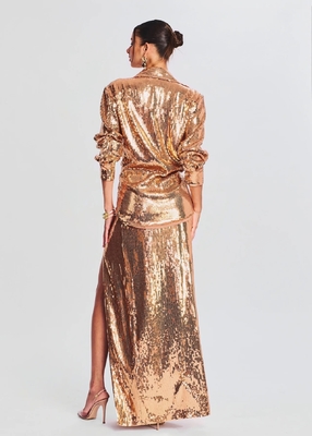 Kimshein SR2289 Two-Piece Mini Skirt Set with Long Sleeves and Sexy Sequin Design High Slit Clothing in Luxurious Style