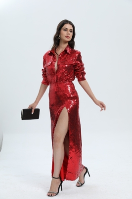 Kimshein SR2289 Two-Piece Mini Skirt Set with Long Sleeves and Sexy Sequin Design High Slit Clothing in Luxurious Style