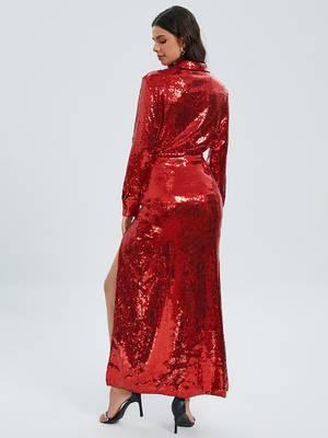 Kimshein SR2289 Two-Piece Mini Skirt Set with Long Sleeves and Sexy Sequin Design High Slit Clothing in Luxurious Style