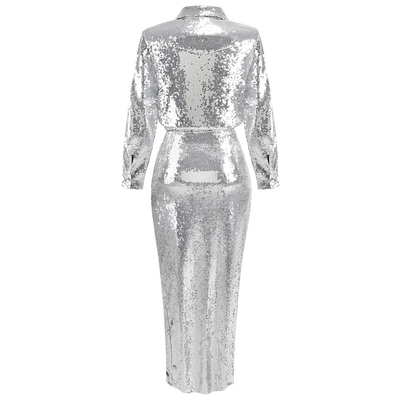 Kimshein SR2289 Two-Piece Mini Skirt Set with Long Sleeves and Sexy Sequin Design High Slit Clothing in Luxurious Style