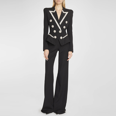 V-Neck Business Two-Piece Long Pants Set for Women Formal Luxury Crystal Black Fashion Suit Set Shuttle Weaving Method