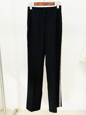 V-Neck Business Two-Piece Long Pants Set for Women Formal Luxury Crystal Black Fashion Suit Set Shuttle Weaving Method