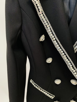V-Neck Business Two-Piece Long Pants Set for Women Formal Luxury Crystal Black Fashion Suit Set Shuttle Weaving Method