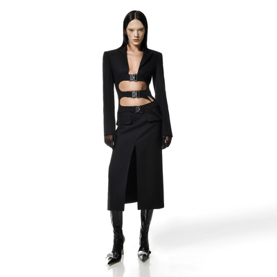 SR2281 Black Long Sleeve Two-Piece Sexy Suit for Women Fashion Dress Set with Suit Jacket Hollow Out Night Party Outfit