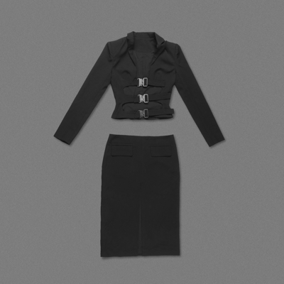 SR2281 Black Long Sleeve Two-Piece Sexy Suit for Women Fashion Dress Set with Suit Jacket Hollow Out Night Party Outfit