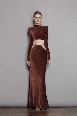 SS2215 Shining Women's Long Sleeve Business Shirt Two-piece Set Dress with Waist Belt and Velvet Long Skirt Size S-L
