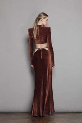 SS2215 Shining Women's Long Sleeve Business Shirt Two-piece Set Dress with Waist Belt and Velvet Long Skirt Size S-L