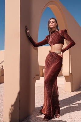 SS2215 Shining Women's Long Sleeve Business Shirt Two-piece Set Dress with Waist Belt and Velvet Long Skirt Size S-L