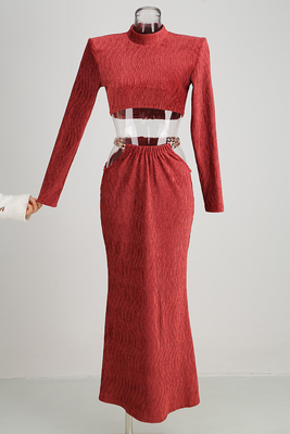 SS2215 Shining Women's Long Sleeve Business Shirt Two-piece Set Dress with Waist Belt and Velvet Long Skirt Size S-L