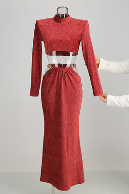 SS2215 Shining Women's Long Sleeve Business Shirt Two-piece Set Dress with Waist Belt and Velvet Long Skirt Size S-L