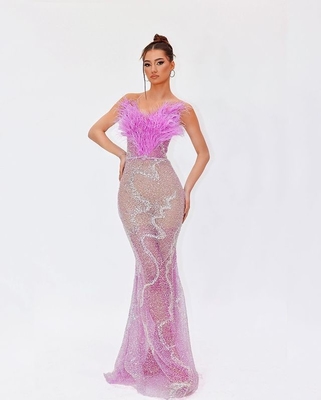 Strapless Mesh Design Feather Dress 7-Day Fast Sampling for Women's Formal Occasions Sexy and Elegant Party Evening Dress