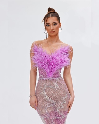 Strapless Mesh Design Feather Dress 7-Day Fast Sampling for Women's Formal Occasions Sexy and Elegant Party Evening Dress