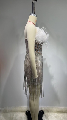 ED2647 Party Style Off-Shoulder Sexy Club Dress Luxurious Feather Sequin and Crystal Fringe Mini Dress for Women