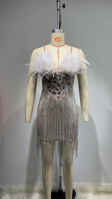 ED2647 Party Style Off-Shoulder Sexy Club Dress Luxurious Feather Sequin and Crystal Fringe Mini Dress for Women