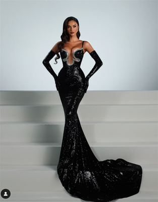 Summer ED2670 Sexy Long Shiny Slit Sleeveless Maxi Formal Elegant Black Party Gold Sequin Women's Evening Dress for Summer