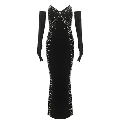 SB3284 Luxurious Pearl Embellished Long Bandage Party Dress for Women's Sexy and Fashionable Look
