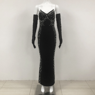 SB3284 Luxurious Pearl Embellished Long Bandage Party Dress for Women's Sexy and Fashionable Look