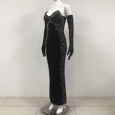 SB3284 Luxurious Pearl Embellished Long Bandage Party Dress for Women's Sexy and Fashionable Look