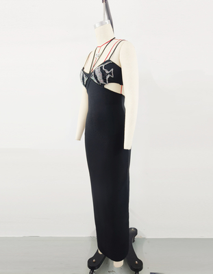 SB3288 Hollow Waist Sexy Bodycon Dress with Luxurious Crystal Bandage Black Maxi Length Party Dress