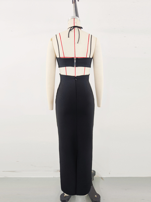 SB3288 Hollow Waist Sexy Bodycon Dress with Luxurious Crystal Bandage Black Maxi Length Party Dress