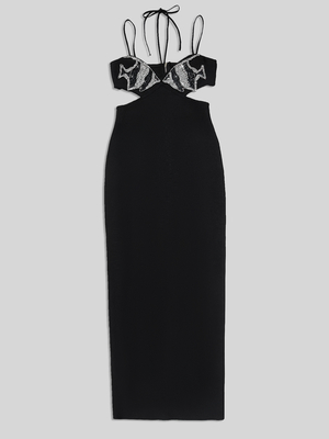 SB3288 Hollow Waist Sexy Bodycon Dress with Luxurious Crystal Bandage Black Maxi Length Party Dress