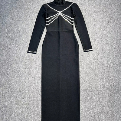 LS2586 Kimshein Women's Bandage Skirt with Long Sleeves and Crystal Dress Woven Craft Regular Sleeves LS2586 Latest Design