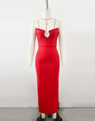 Adult Women's Dance Party Maxi Red Crystal Off-Shoulder Bodycon Bandage Dress with 240g Fabric Weight