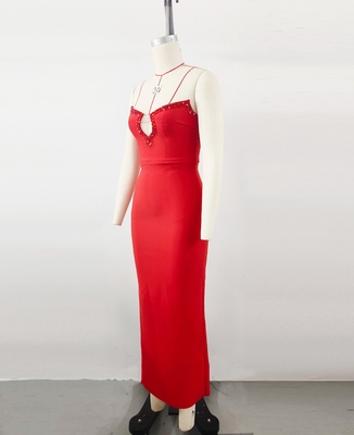 Adult Women's Dance Party Maxi Red Crystal Off-Shoulder Bodycon Bandage Dress with 240g Fabric Weight