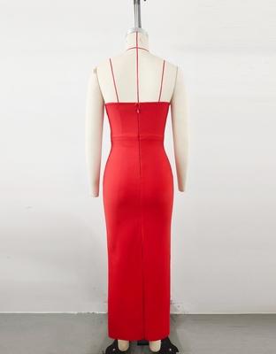 Adult Women's Dance Party Maxi Red Crystal Off-Shoulder Bodycon Bandage Dress with 240g Fabric Weight