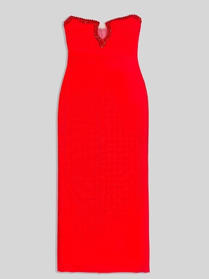 Adult Women's Dance Party Maxi Red Crystal Off-Shoulder Bodycon Bandage Dress with 240g Fabric Weight