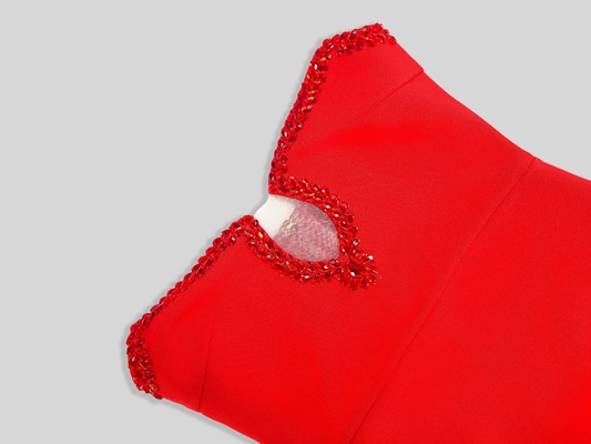 Adult Women's Dance Party Maxi Red Crystal Off-Shoulder Bodycon Bandage Dress with 240g Fabric Weight
