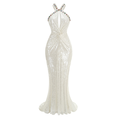 SB3103 White Wedding Dress with Water Diamond Train and Sparkling Sequins Backless Neckline Elegant Formal Dance Party Gown
