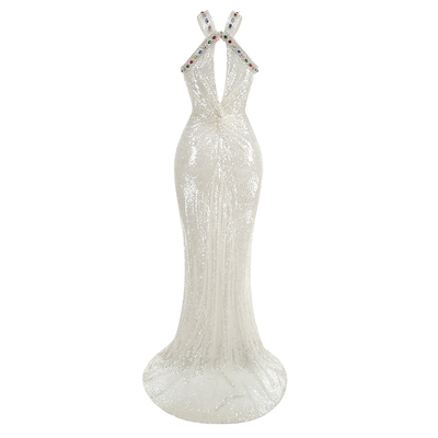 SB3103 White Wedding Dress with Water Diamond Train and Sparkling Sequins Backless Neckline Elegant Formal Dance Party Gown