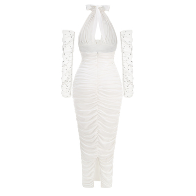 SB3164 Max Length Sexy Pleated Hem Backless V-neck Evening Dress in Elegant White for Wedding Perfect
