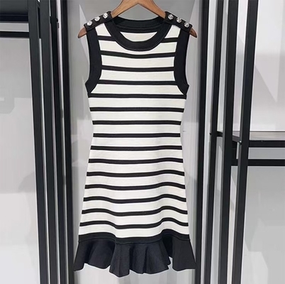 Black Striped Sleeveless Vest Dress for Women Short Casual Knitted Dress Retro Print Method Embossing KD2350