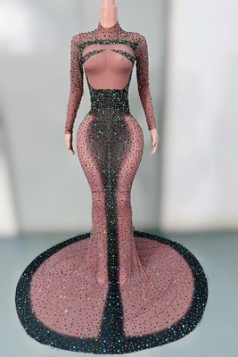 Full Sleeved AD2399 Goldsin Women's Luxurious Party Dress with Dazzling Crystal Embellishments and Illusion Elements