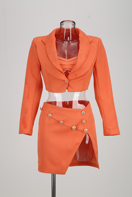 Kimshein SS2213 Women's Short Suit Jacket with Customized Nickel Button V-neck Suit Set in Polyester and Cotton Fabric