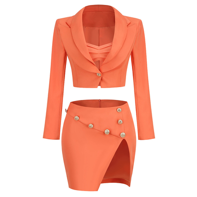 Kimshein SS2213 Women's Short Suit Jacket with Customized Nickel Button V-neck Suit Set in Polyester and Cotton Fabric