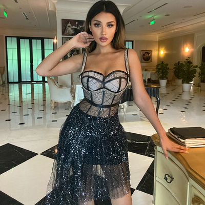SS2212 2023 Enchanting Women's Asymmetric Drop Shipping Summer Luxurious Sleeveless Hollow Back Crystal Black Lace Dress
