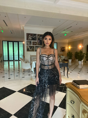 SS2212 2023 Enchanting Women's Asymmetric Drop Shipping Summer Luxurious Sleeveless Hollow Back Crystal Black Lace Dress